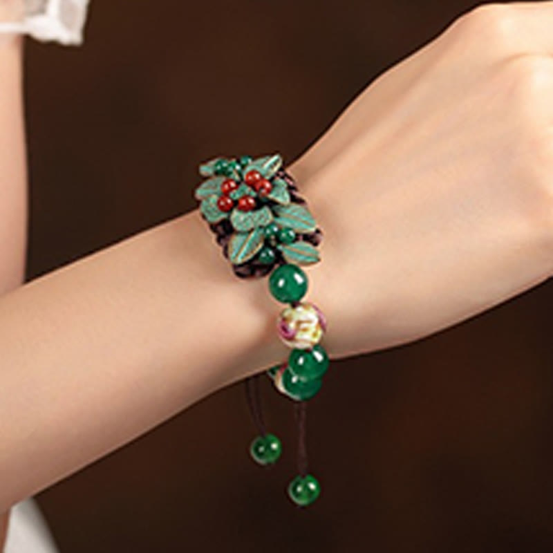 Green Agate Glass Flower Braided Knot Adjustable Support Bracelet