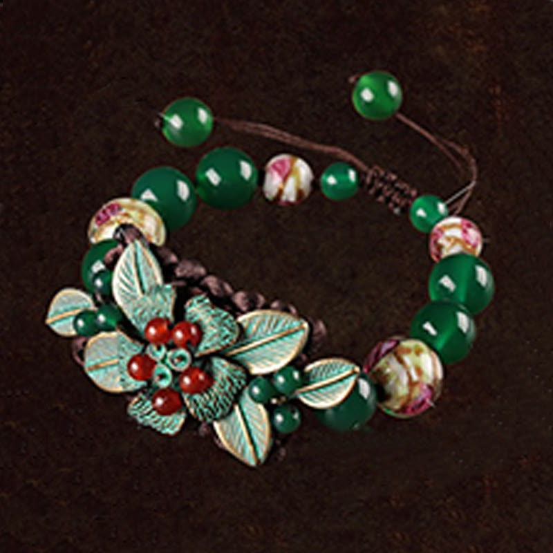 Green Agate Glass Flower Braided Knot Adjustable Support Bracelet