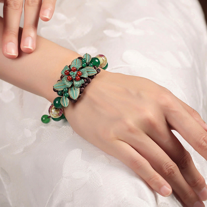 Green Agate Glass Flower Braided Knot Adjustable Support Bracelet