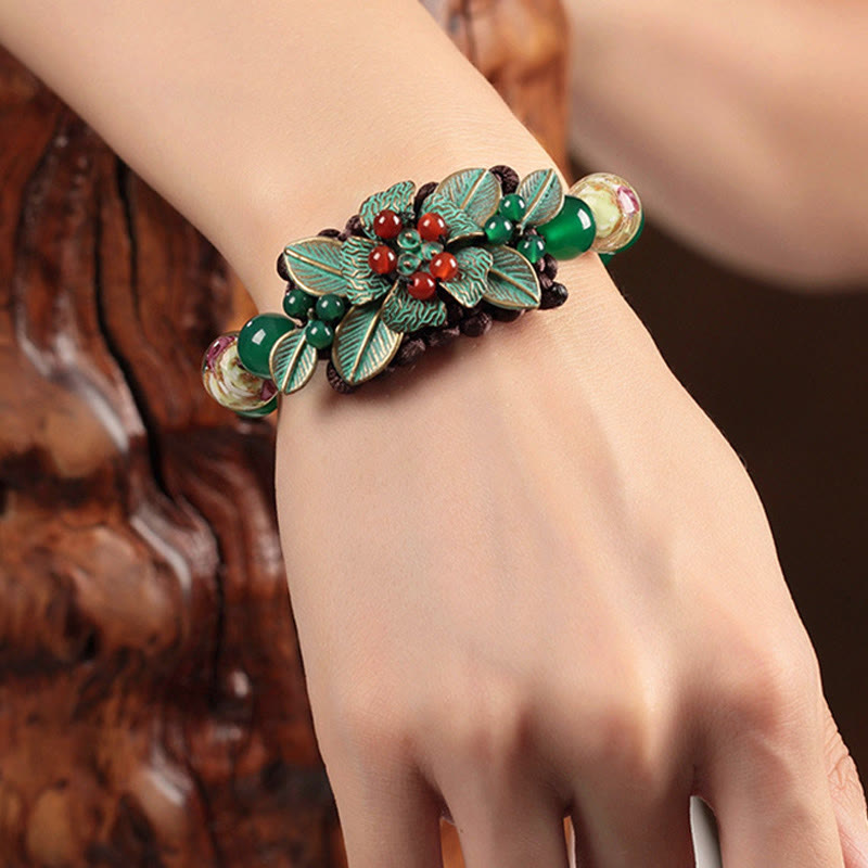 Green Agate Glass Flower Braided Knot Adjustable Support Bracelet