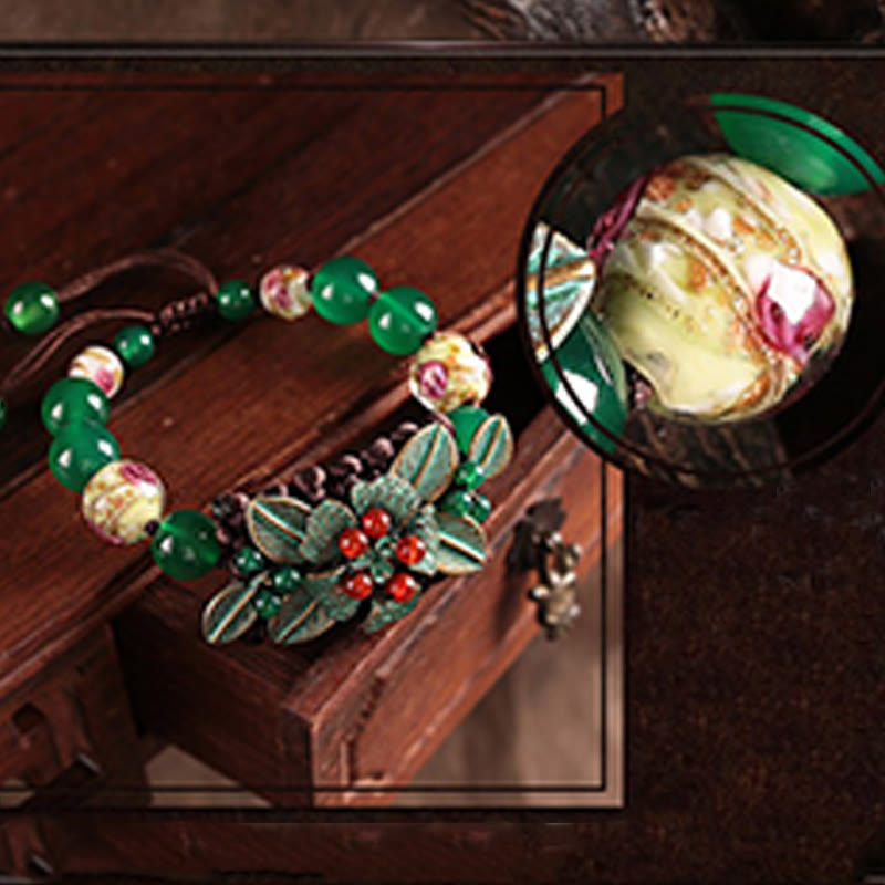 Green Agate Glass Flower Braided Knot Adjustable Support Bracelet