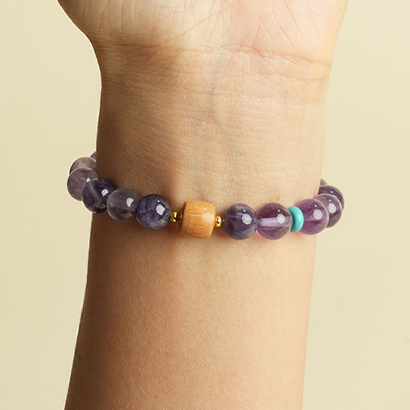 Natural Amethyst and Polished Wooden Bead Minimalist Meditation Bracelet