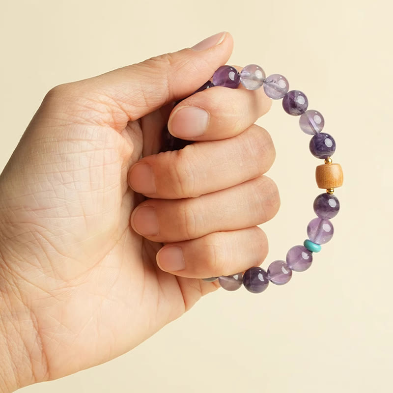 Natural Amethyst and Polished Wooden Bead Minimalist Meditation Bracelet