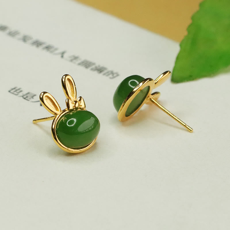 925 Sterling Silver Hetian Cyan Jade Rabbit Stud Earrings