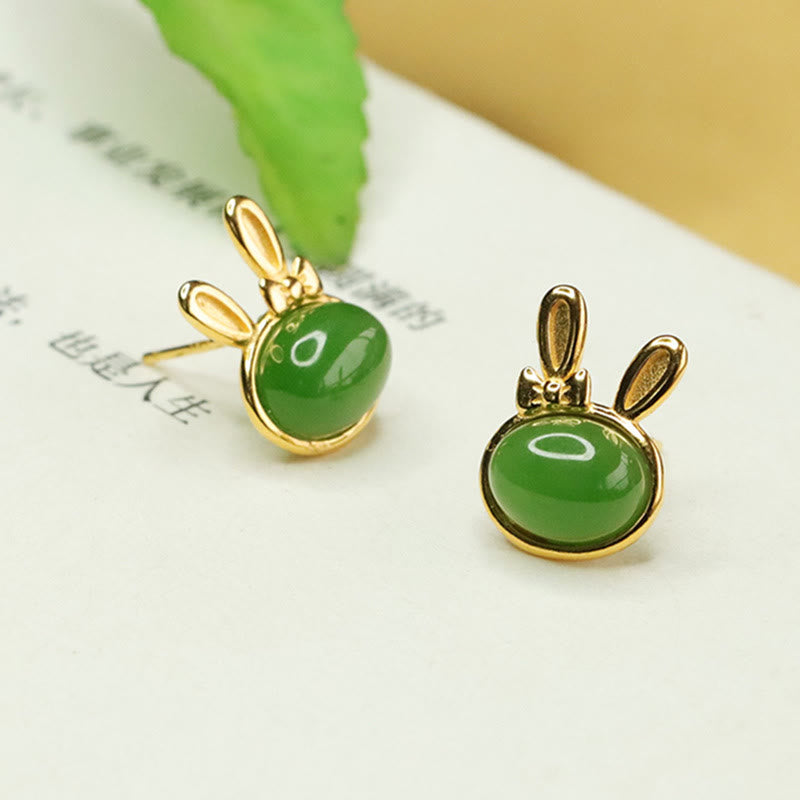 925 Sterling Silver Hetian Cyan Jade Rabbit Stud Earrings