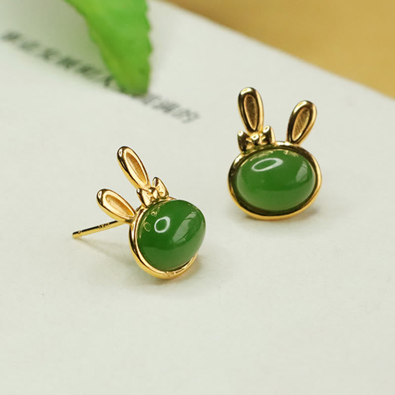 925 Sterling Silver Hetian Cyan Jade Cute Rabbit Luck Stud Earrings