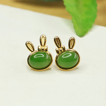 925 Sterling Silver Hetian Cyan Jade Rabbit Stud Earrings