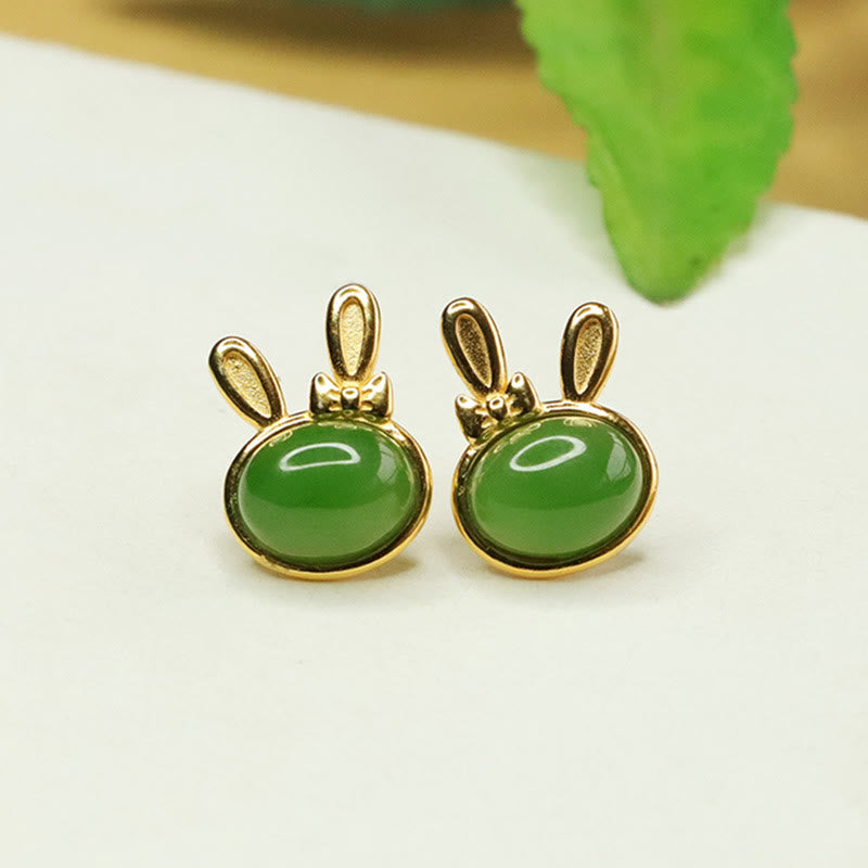 925 Sterling Silver Hetian Cyan Jade Rabbit Stud Earrings
