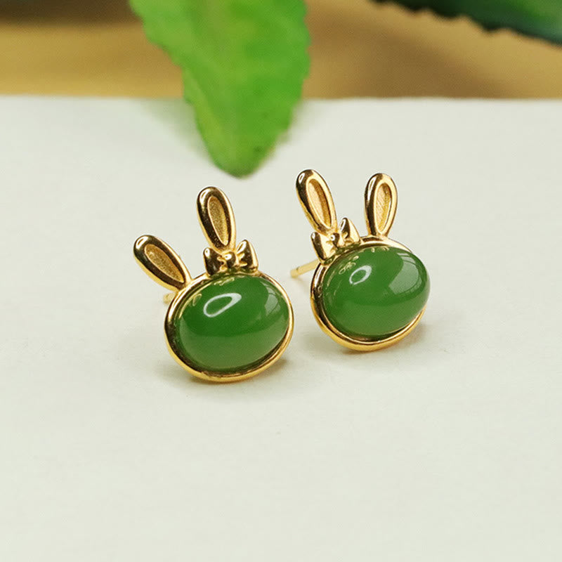 925 Sterling Silver Hetian Cyan Jade Rabbit Stud Earrings