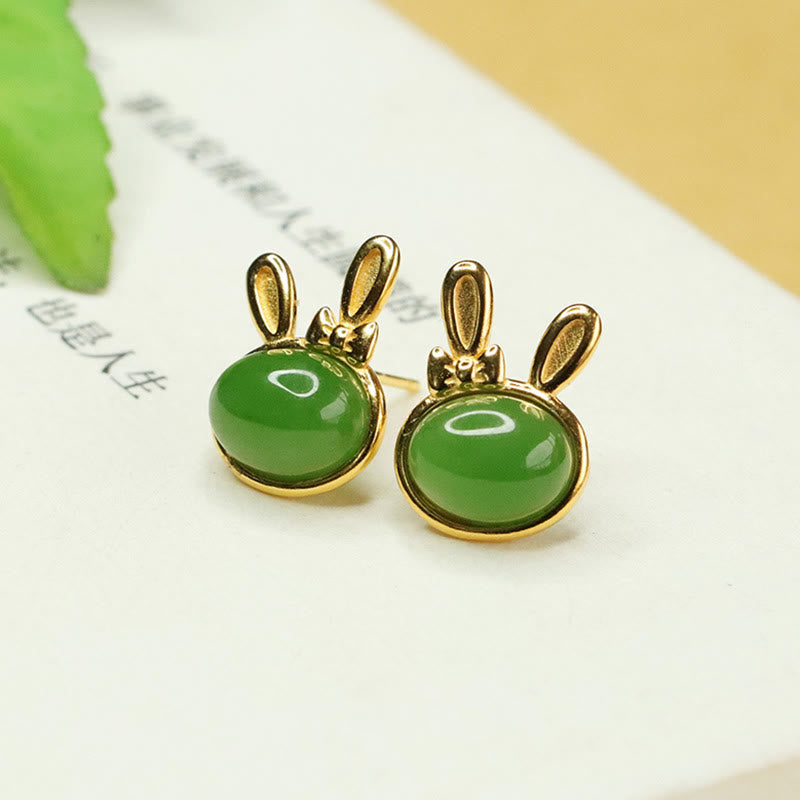 925 Sterling Silver Hetian Cyan Jade Rabbit Stud Earrings