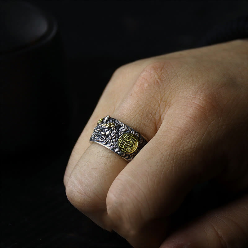 Adjustable 925 Sterling Silver and Brass Pixiu Chinese Coin Statement Ring