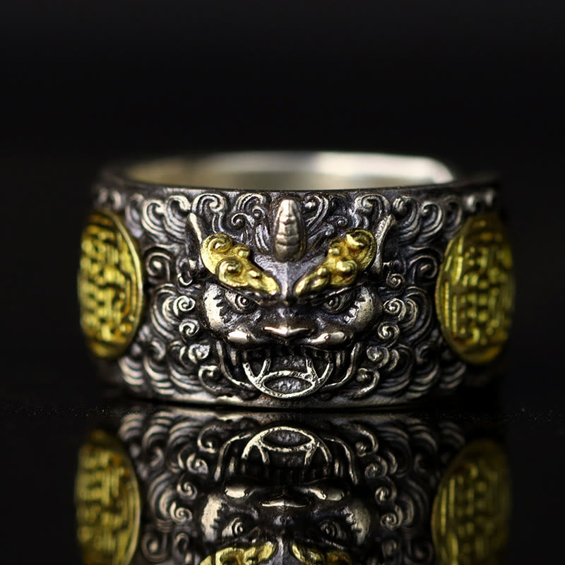 Adjustable 925 Sterling Silver and Brass Pixiu Chinese Coin Statement Ring