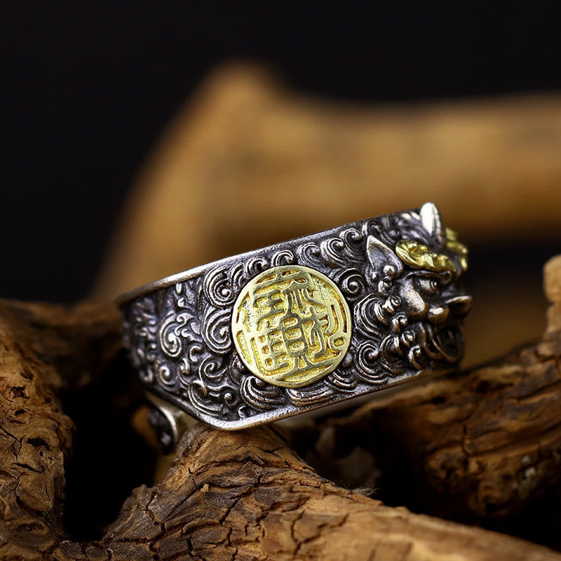 Adjustable 925 Sterling Silver and Brass Pixiu Chinese Coin Statement Ring