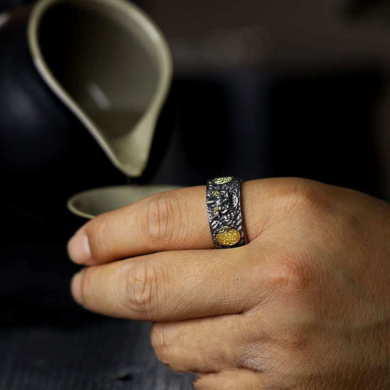 Adjustable 925 Sterling Silver and Brass Pixiu Chinese Coin Statement Ring