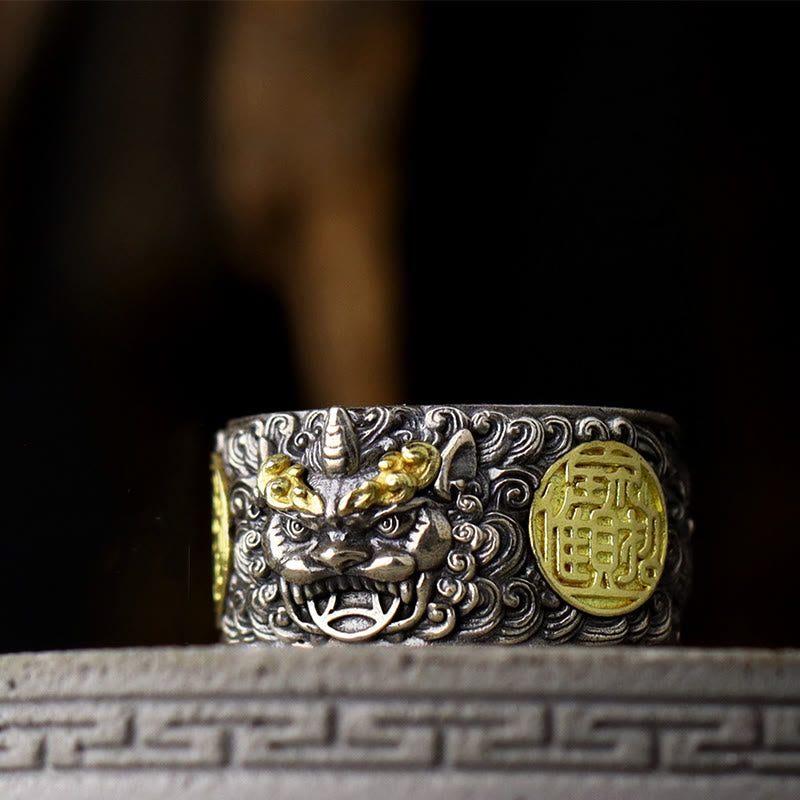 Adjustable 925 Sterling Silver and Brass Pixiu Chinese Coin Statement Ring