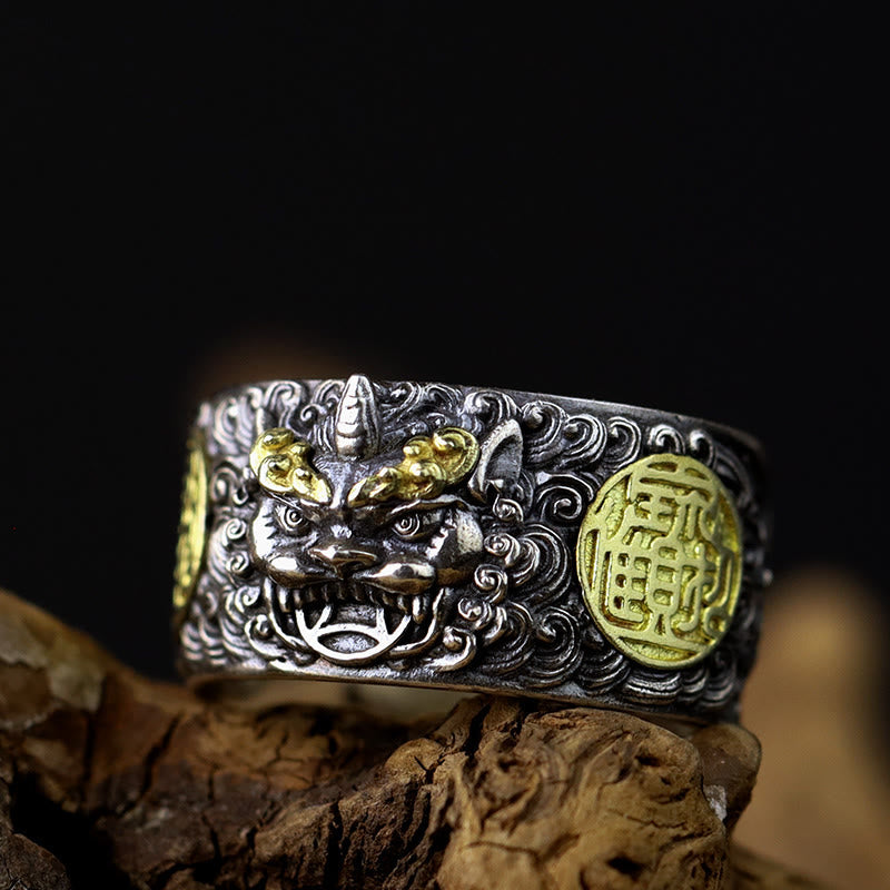Adjustable 925 Sterling Silver and Brass Pixiu Chinese Coin Statement Ring