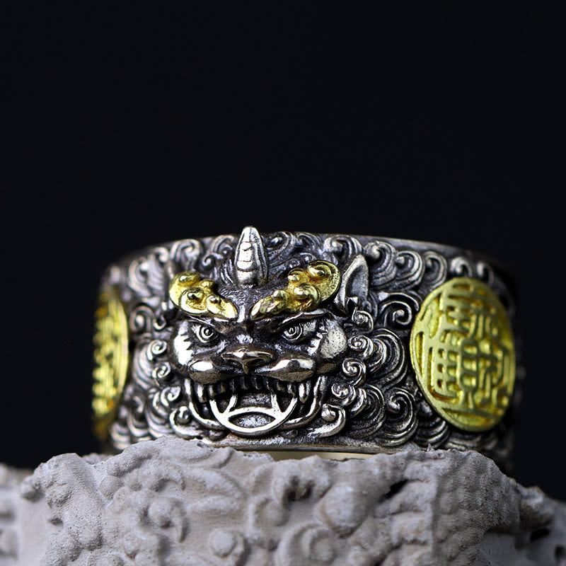 Adjustable 925 Sterling Silver and Brass Pixiu Chinese Coin Statement Ring