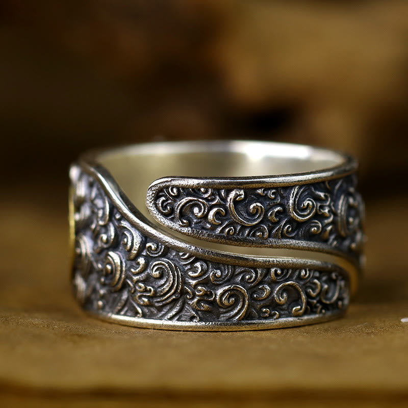 Adjustable 925 Sterling Silver and Brass Pixiu Chinese Coin Statement Ring