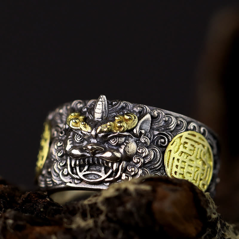 Adjustable 925 Sterling Silver and Brass Pixiu Chinese Coin Statement Ring