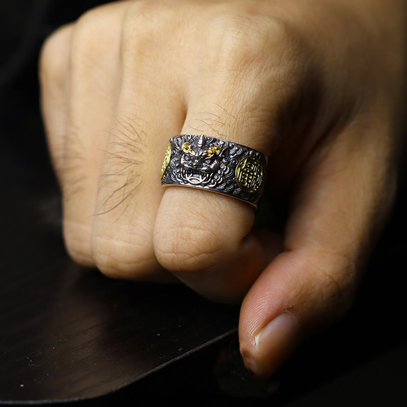 Adjustable 925 Sterling Silver and Brass Pixiu Chinese Coin Statement Ring