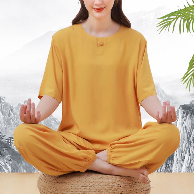 2pcs Plain Color Frog-Button Simple Design Crew Neck Design Half Sleeve Shirt Top Elastic Waist Pants Meditation Zen Tai Chi Cotton Clothing Women's Set
