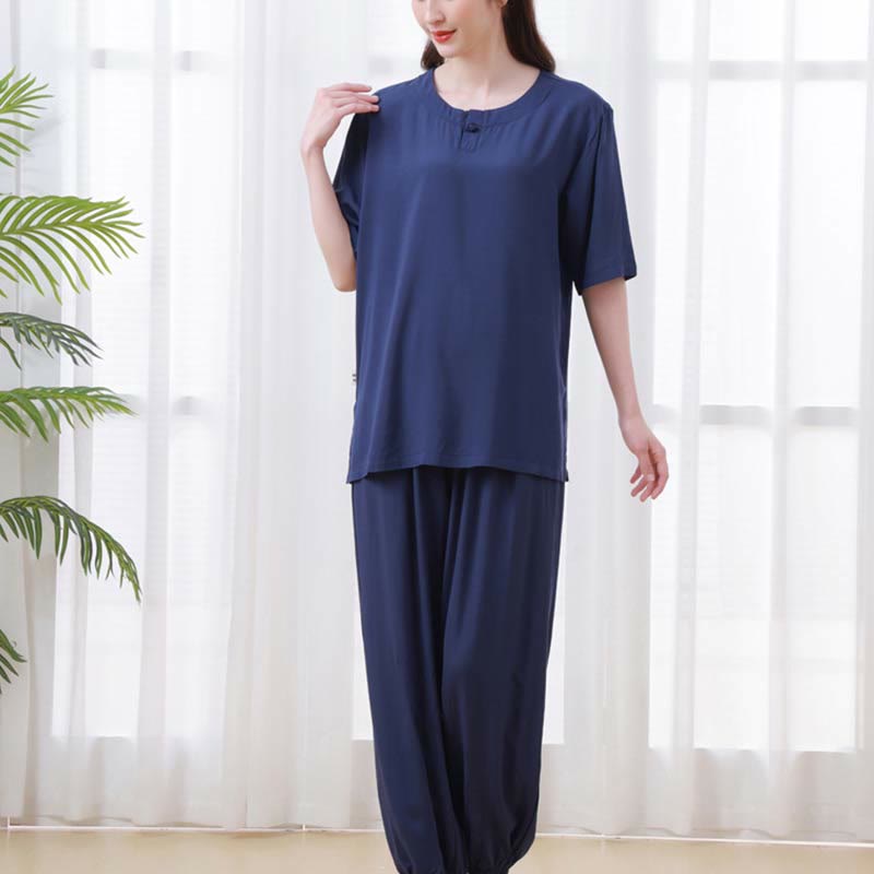 2pcs Plain Color Frog-Button Simple Design Crew Neck Design Half Sleeve Shirt Top Elastic Waist Pants Meditation Zen Tai Chi Cotton Clothing Women's Set