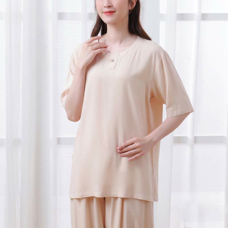 2pcs Plain Color Frog-Button Simple Design Crew Neck Design Half Sleeve Shirt Top Elastic Waist Pants Meditation Zen Tai Chi Cotton Clothing Women's Set