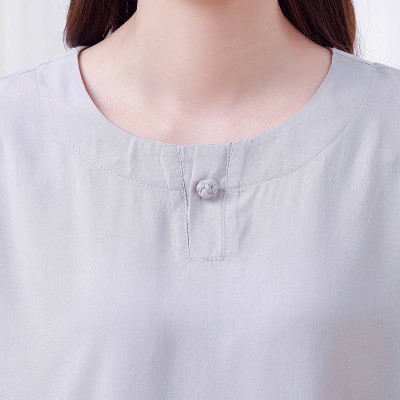 2pcs Plain Color Frog-Button Simple Design Crew Neck Design Half Sleeve Shirt Top Elastic Waist Pants Meditation Zen Tai Chi Cotton Clothing Women's Set