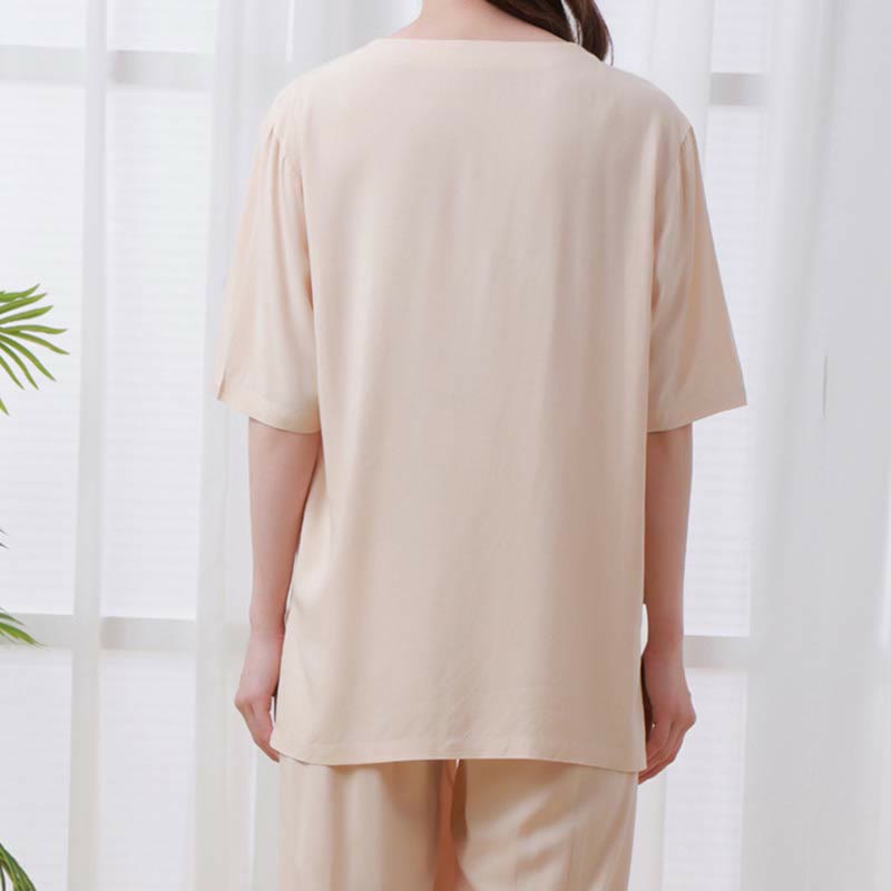 2pcs Plain Color Frog-Button Simple Design Crew Neck Design Half Sleeve Shirt Top Elastic Waist Pants Meditation Zen Tai Chi Cotton Clothing Women's Set