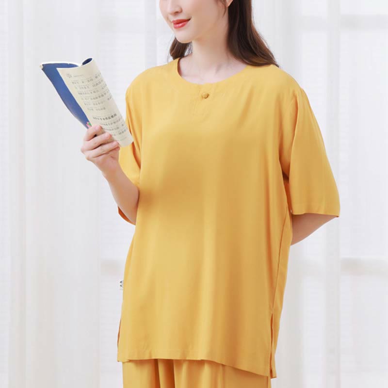 2pcs Plain Color Frog-Button Simple Design Crew Neck Design Half Sleeve Shirt Top Elastic Waist Pants Meditation Zen Tai Chi Cotton Clothing Women's Set