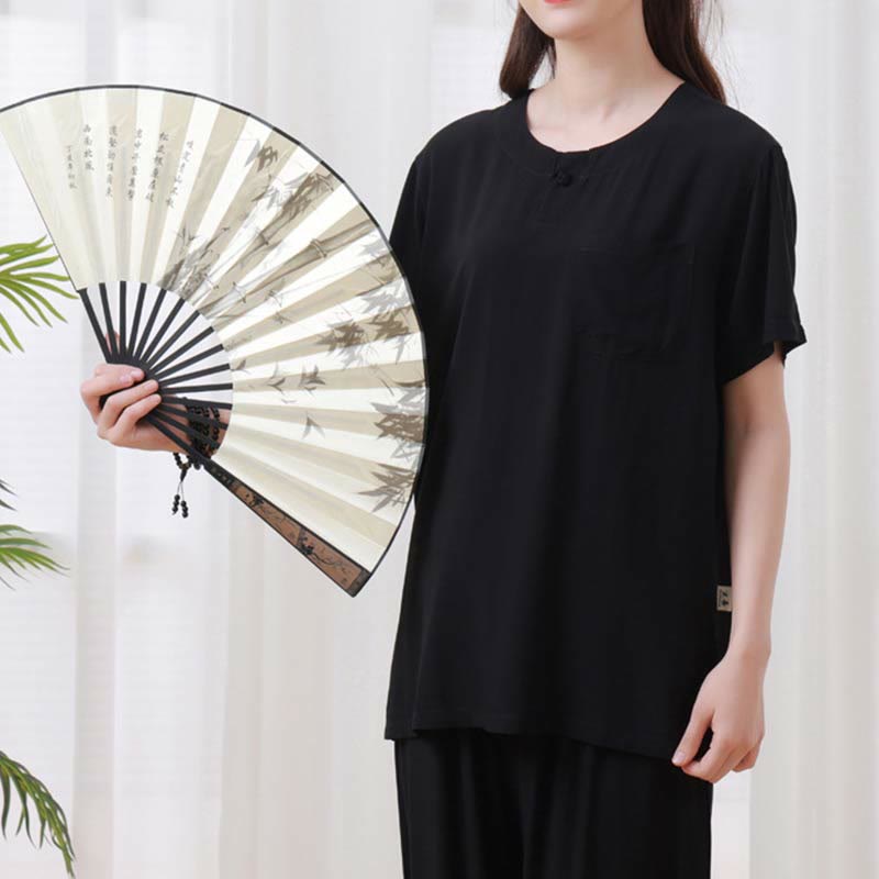 2pcs Plain Color Frog-Button Simple Design Crew Neck Design Half Sleeve Shirt Top Elastic Waist Pants Meditation Zen Tai Chi Cotton Clothing Women's Set