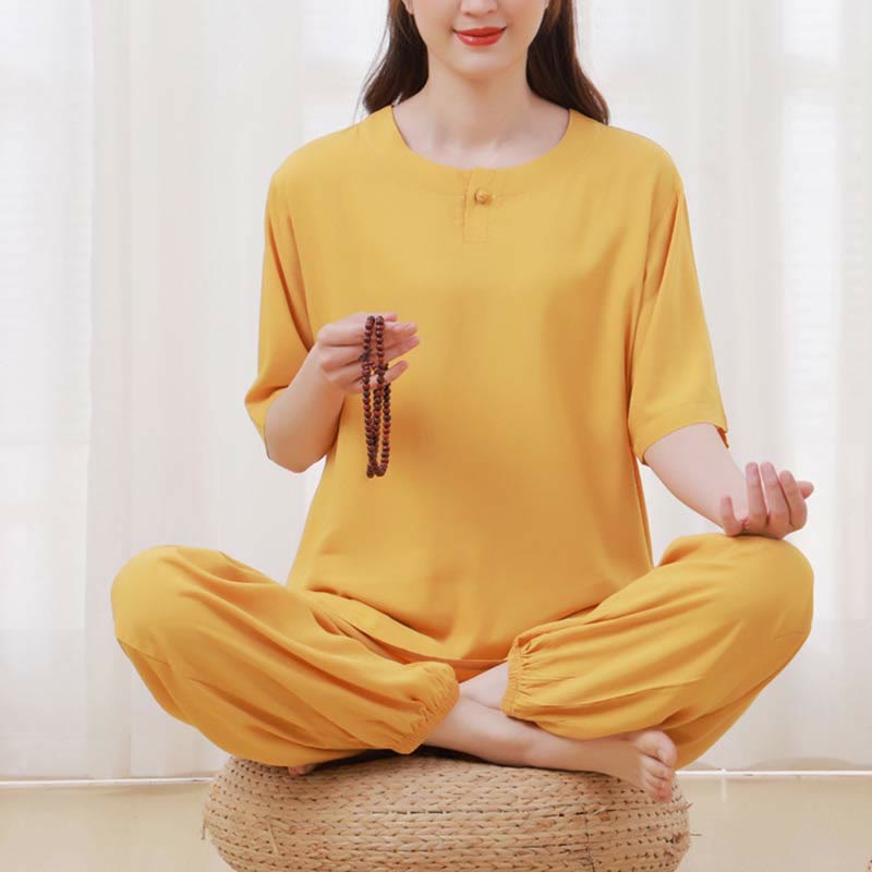 2pcs Plain Color Frog-Button Simple Design Crew Neck Design Half Sleeve Shirt Top Elastic Waist Pants Meditation Zen Tai Chi Cotton Clothing Women's Set