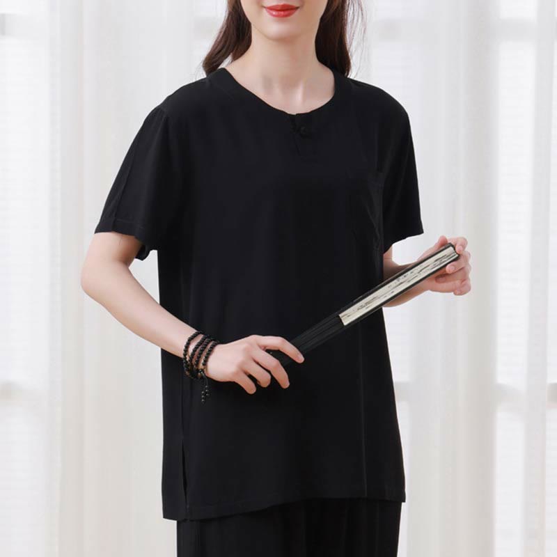 2pcs Plain Color Frog-Button Simple Design Crew Neck Design Half Sleeve Shirt Top Elastic Waist Pants Meditation Zen Tai Chi Cotton Clothing Women's Set