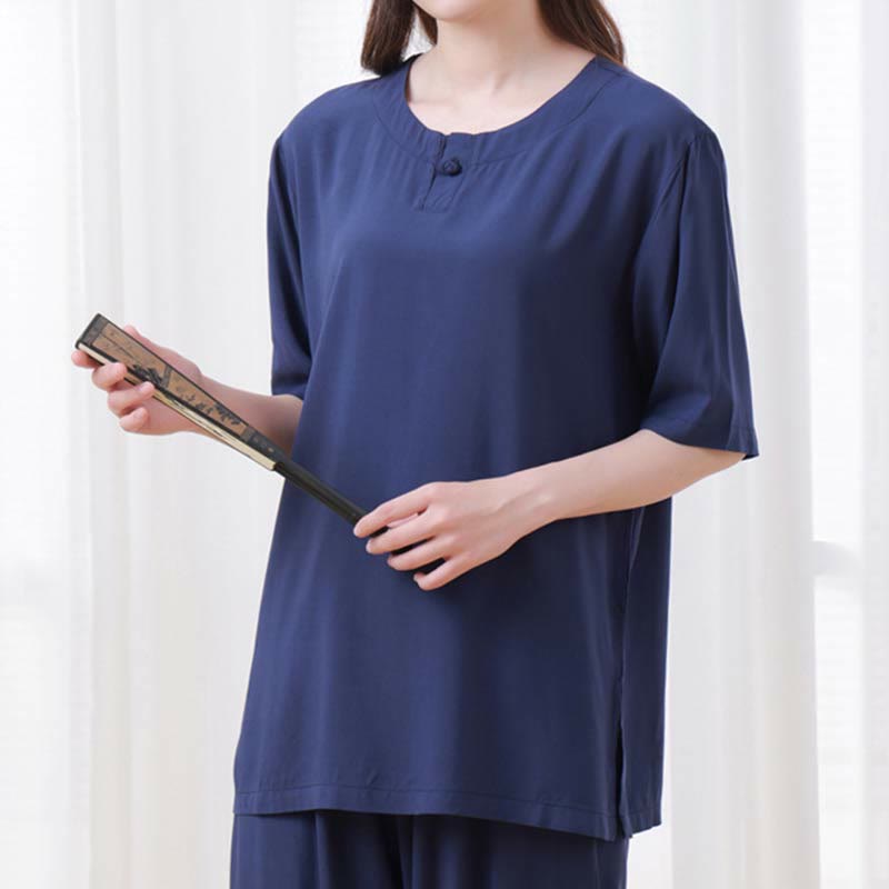 2pcs Plain Color Frog-Button Simple Design Crew Neck Design Half Sleeve Shirt Top Elastic Waist Pants Meditation Zen Tai Chi Cotton Clothing Women's Set