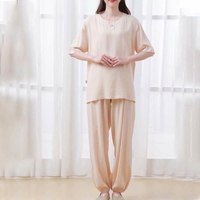 2pcs Plain Color Frog-Button Simple Design Crew Neck Design Half Sleeve Shirt Top Elastic Waist Pants Meditation Zen Tai Chi Cotton Clothing Women's Set