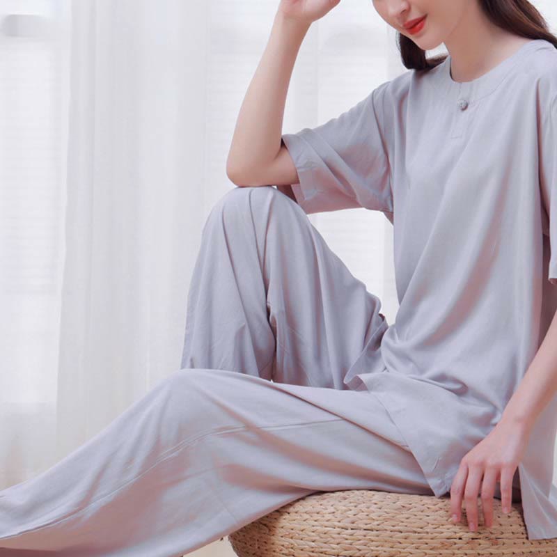 2pcs Plain Color Frog-Button Simple Design Crew Neck Design Half Sleeve Shirt Top Elastic Waist Pants Meditation Zen Tai Chi Cotton Clothing Women's Set