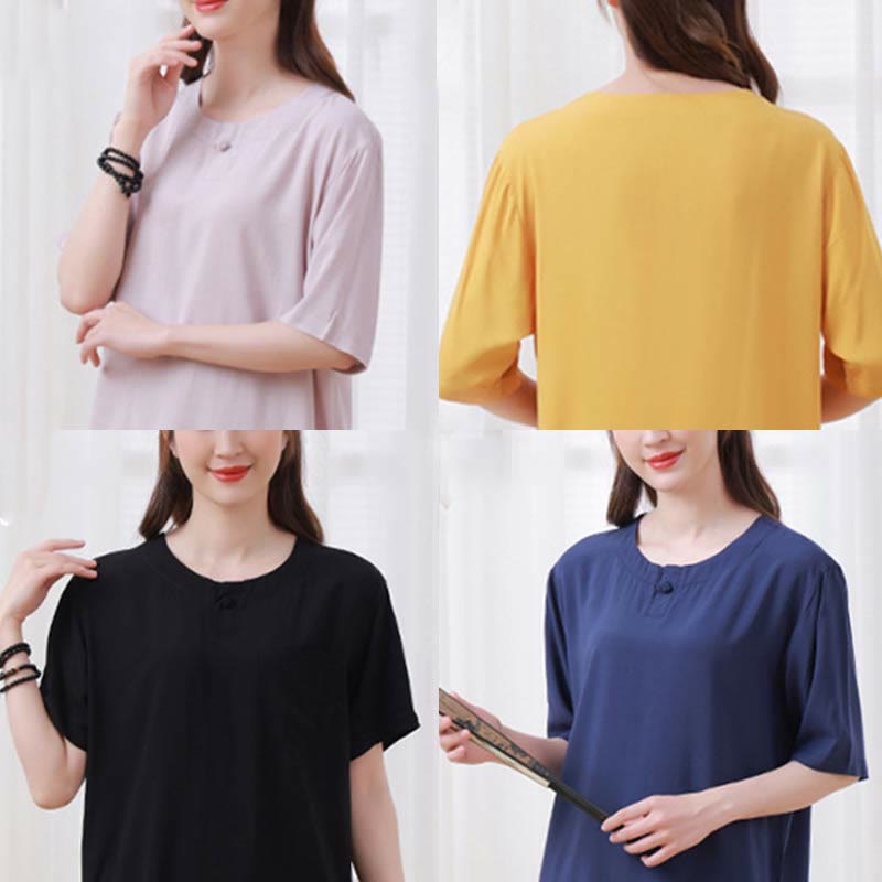 2pcs Plain Color Frog-Button Simple Design Crew Neck Design Half Sleeve Shirt Top Elastic Waist Pants Meditation Zen Tai Chi Cotton Clothing Women's Set