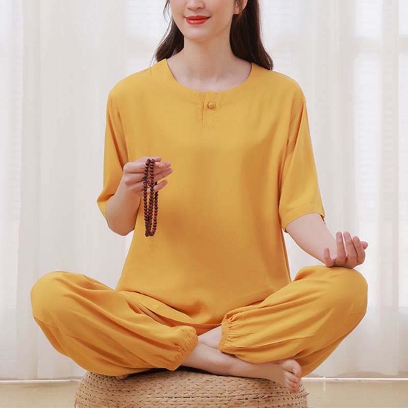 2pcs Plain Color Frog-Button Simple Design Crew Neck Design Half Sleeve Shirt Top Elastic Waist Pants Meditation Zen Tai Chi Cotton Clothing Women's Set