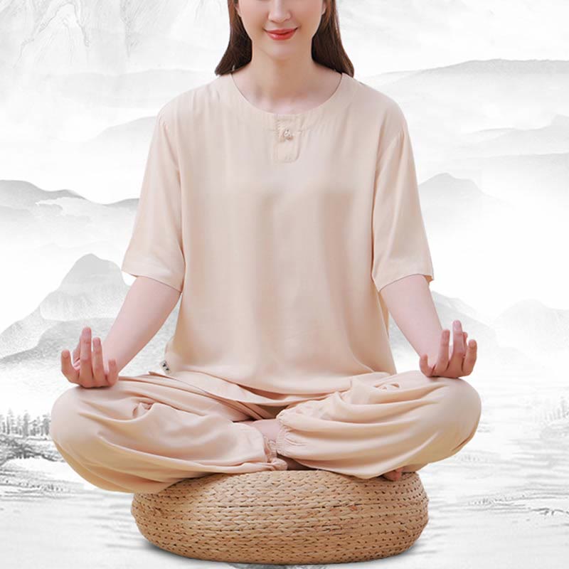 2pcs Plain Color Frog-Button Simple Design Crew Neck Design Half Sleeve Shirt Top Elastic Waist Pants Meditation Zen Tai Chi Cotton Clothing Women's Set