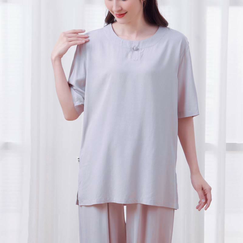 2pcs Plain Color Frog-Button Simple Design Crew Neck Design Half Sleeve Shirt Top Elastic Waist Pants Meditation Zen Tai Chi Cotton Clothing Women's Set