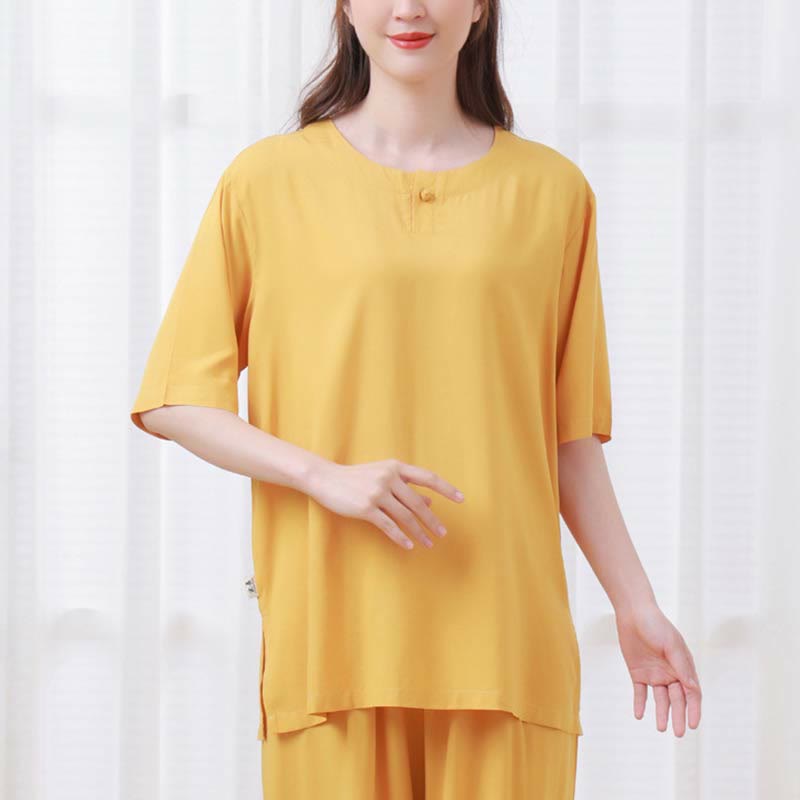 2pcs Plain Color Frog-Button Simple Design Crew Neck Design Half Sleeve Shirt Top Elastic Waist Pants Meditation Zen Tai Chi Cotton Clothing Women's Set