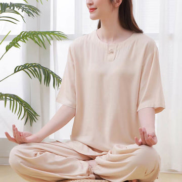 2pcs Plain Color Frog-Button Simple Design Crew Neck Design Half Sleeve Shirt Top Elastic Waist Pants Meditation Zen Tai Chi Cotton Clothing Women's Set
