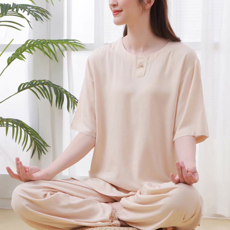 2pcs Plain Color Frog-Button Simple Design Crew Neck Design Half Sleeve Shirt Top Elastic Waist Pants Meditation Zen Tai Chi Cotton Clothing Women's Set