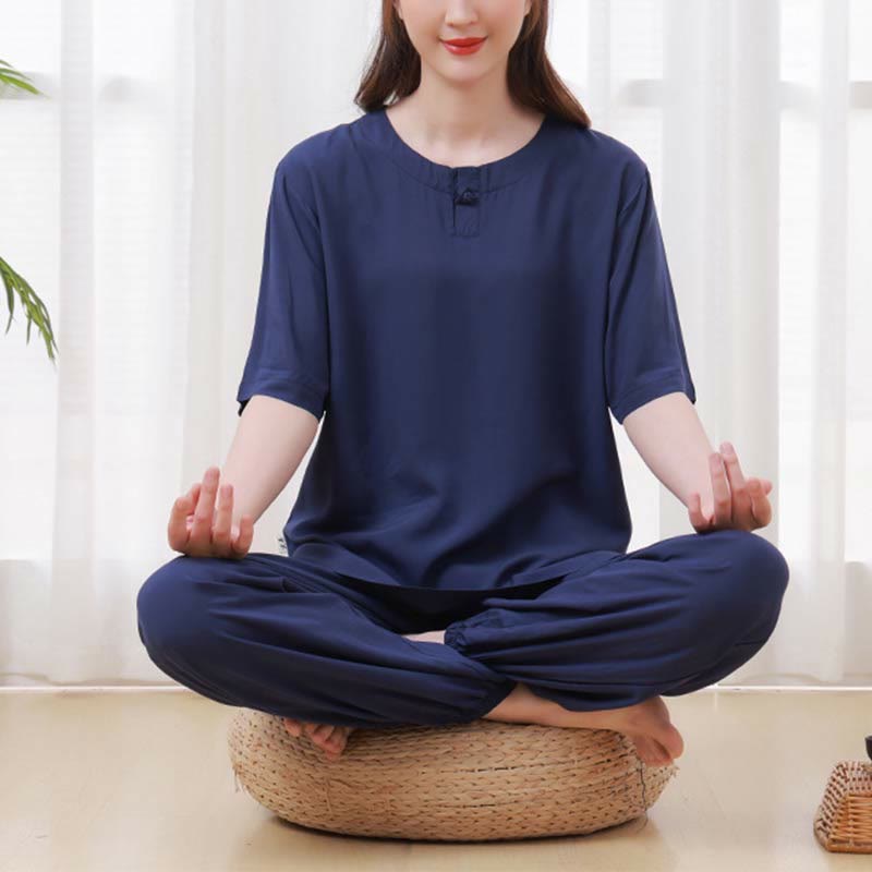 2pcs Plain Color Frog-Button Simple Design Crew Neck Design Half Sleeve Shirt Top Elastic Waist Pants Meditation Zen Tai Chi Cotton Clothing Women's Set