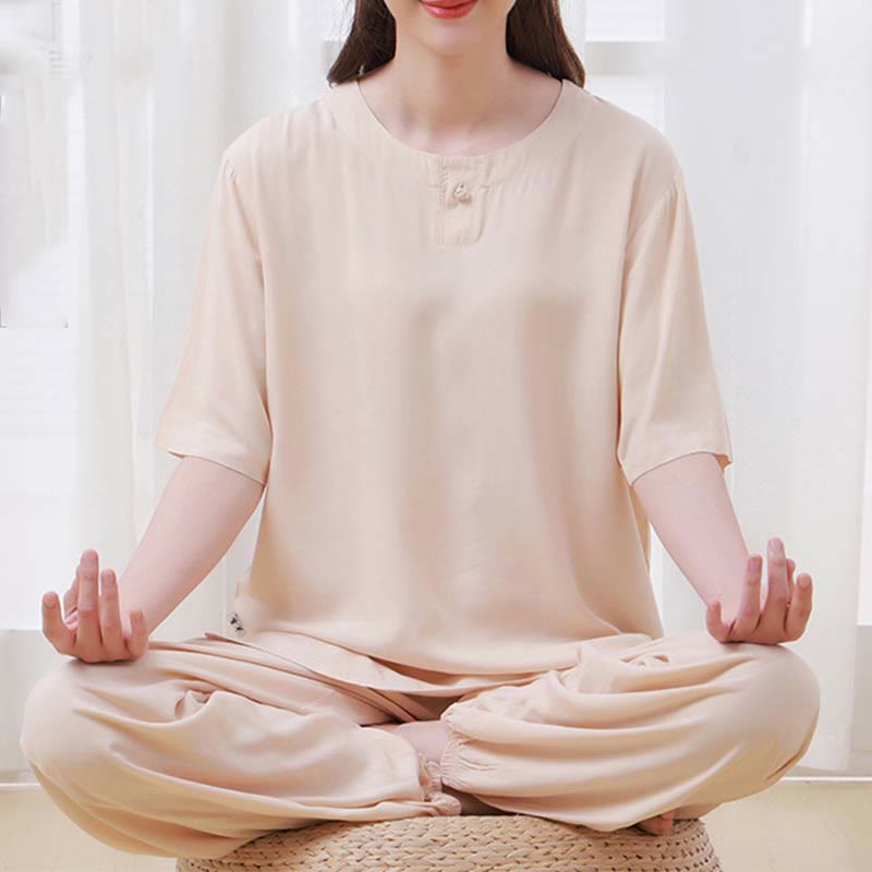 2pcs Plain Color Frog-Button Simple Design Crew Neck Design Half Sleeve Shirt Top Elastic Waist Pants Meditation Zen Tai Chi Cotton Clothing Women's Set