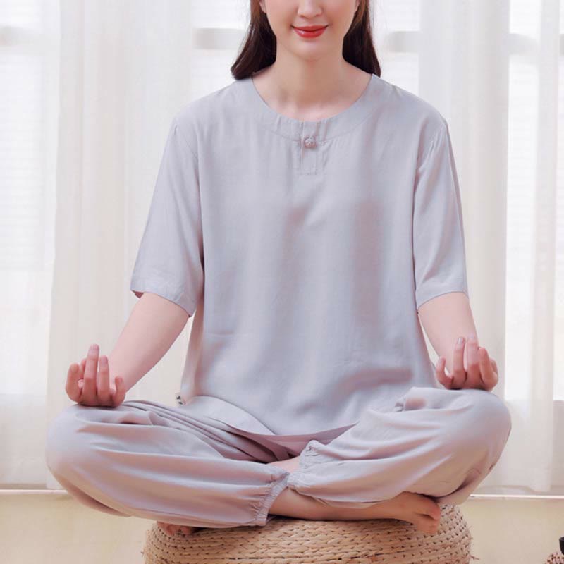 2pcs Plain Color Frog-Button Simple Design Crew Neck Design Half Sleeve Shirt Top Elastic Waist Pants Meditation Zen Tai Chi Cotton Clothing Women's Set