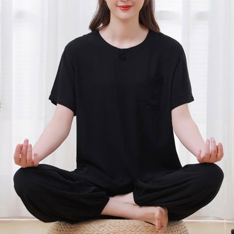 2pcs Plain Color Frog-Button Simple Design Crew Neck Design Half Sleeve Shirt Top Elastic Waist Pants Meditation Zen Tai Chi Cotton Clothing Women's Set