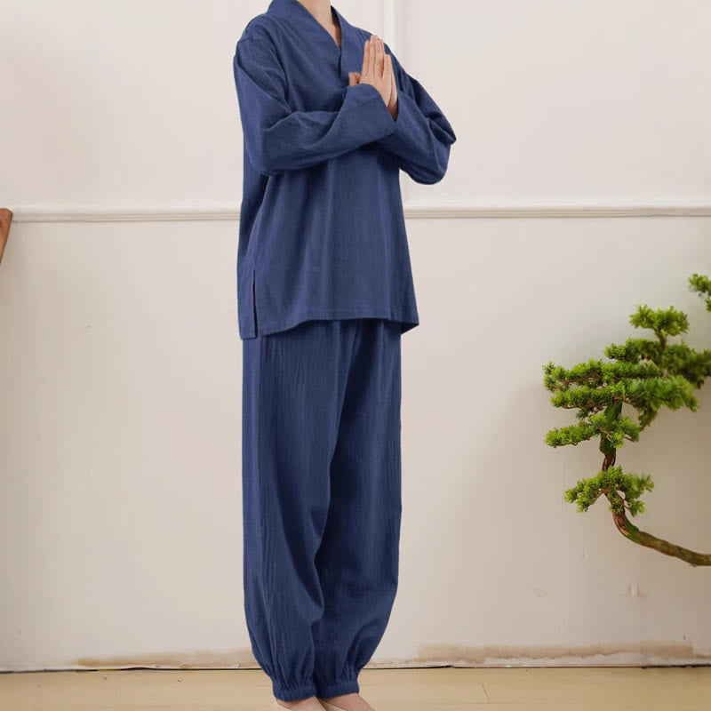 Casual 2pcs Plain Long Sleeve Crumpling Design Shirt Top Skirt With Pockets Meditation Zen Tai Chi Clothing Women's Set