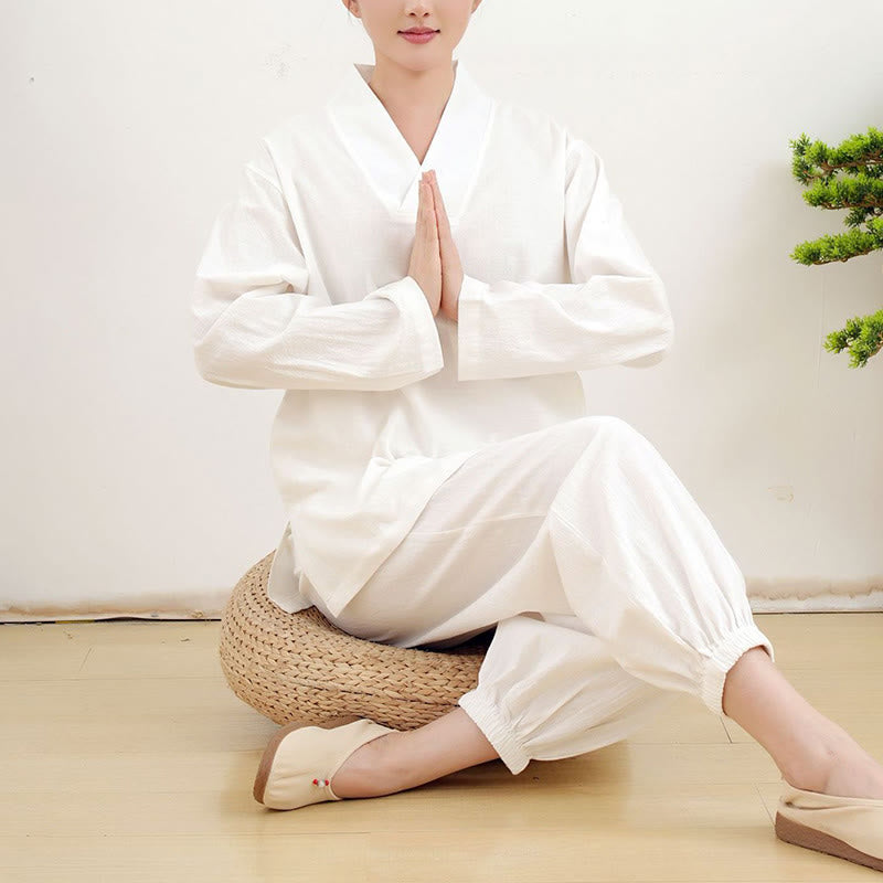 Casual 2pcs Plain Long Sleeve Crumpling Design Shirt Top Skirt With Pockets Meditation Zen Tai Chi Clothing Women's Set