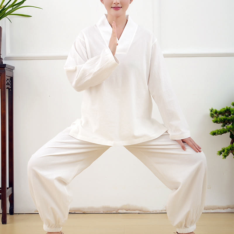 Casual 2pcs Plain Long Sleeve Crumpling Design Shirt Top Skirt With Pockets Meditation Zen Tai Chi Clothing Women's Set